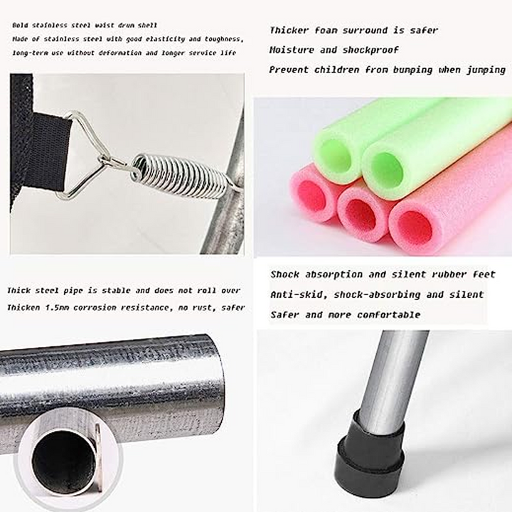 "Sicheres Kindertrampolin mit robustem Rahmen, Schutzrand und Netz; ideal für draußen, geeignet bis 100 kg, einfach montierba