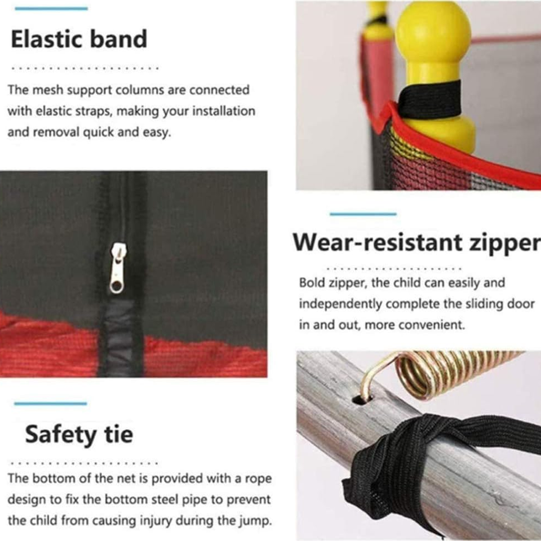 "Sicheres Kindertrampolin mit robustem Rahmen, Schutzrand und Netz; ideal für draußen, geeignet bis 100 kg, einfach montierba