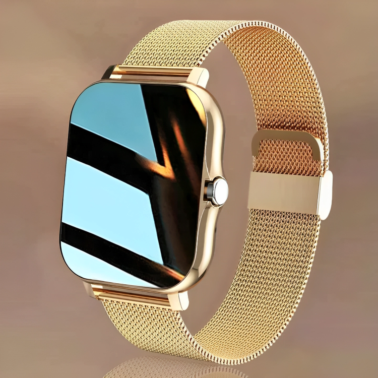 Smartwatch in Gold, Rosa, Schwarz und Silber mit Gesundheits-Tracking, stilvollem Design und austauschbarem Armband.