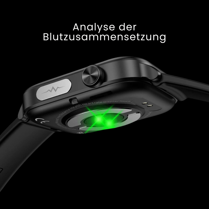 Smartwatch mit schlankem Design, SOS-Notruffunktion, Blutzucker- und Pulsüberwachung auf modernem Voll-Touchscreen.