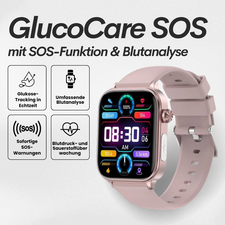 Smartwatch mit schlankem Design, SOS-Notruffunktion, Blutzucker- und Pulsüberwachung auf modernem Voll-Touchscreen.