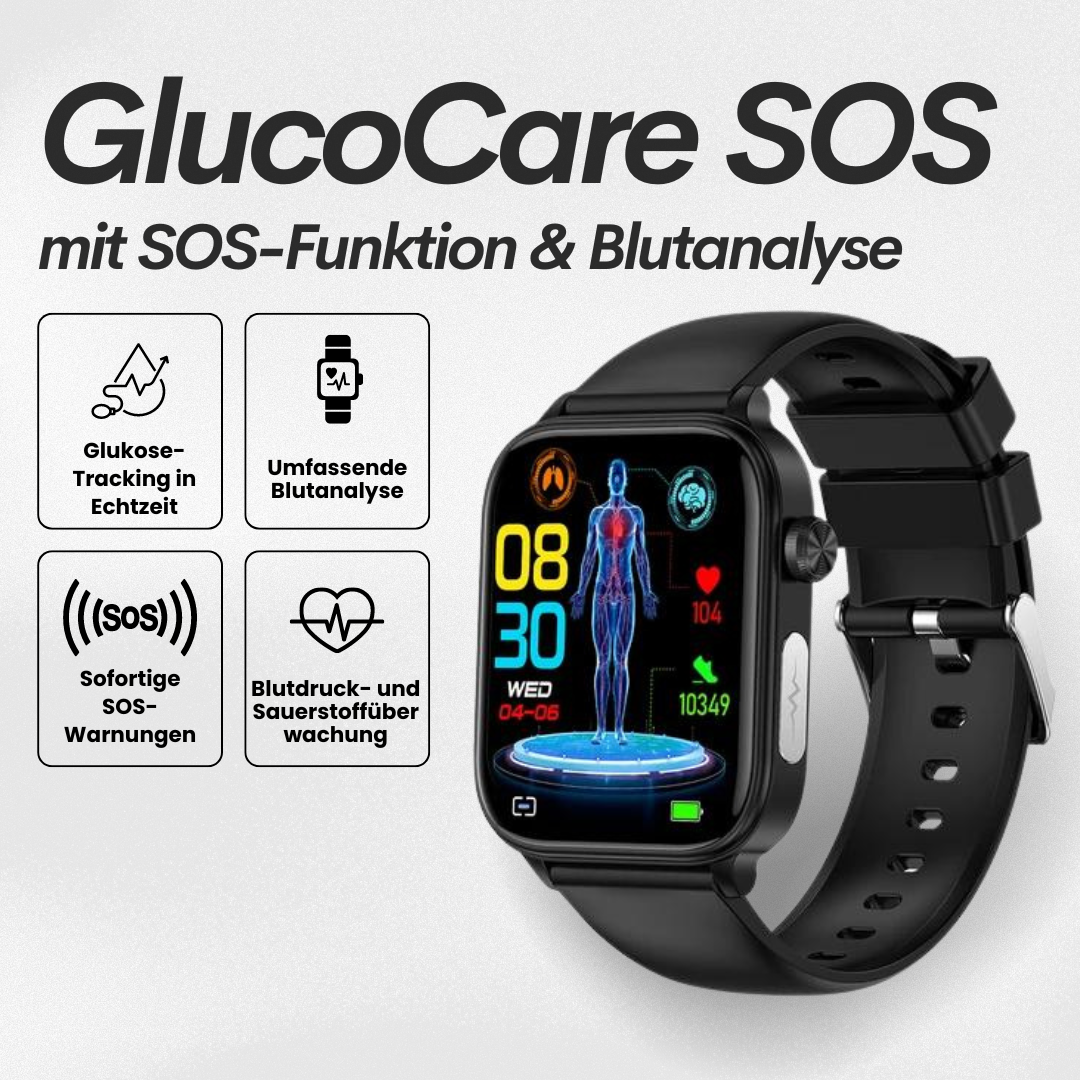 Smartwatch mit schlankem Design, SOS-Notruffunktion, Blutzucker- und Pulsüberwachung auf modernem Voll-Touchscreen.