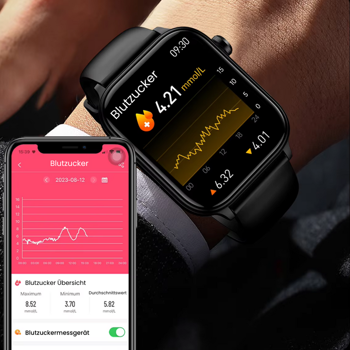 Smartwatch mit schlankem Design, SOS-Notruffunktion, Blutzucker- und Pulsüberwachung auf modernem Voll-Touchscreen.