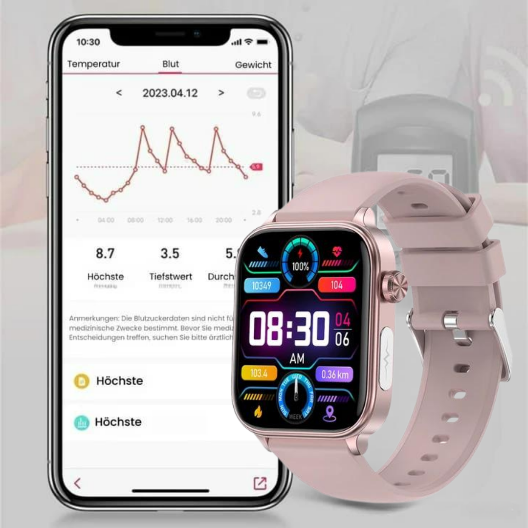 Smartwatch mit schlankem Design, SOS-Notruffunktion, Blutzucker- und Pulsüberwachung auf modernem Voll-Touchscreen.