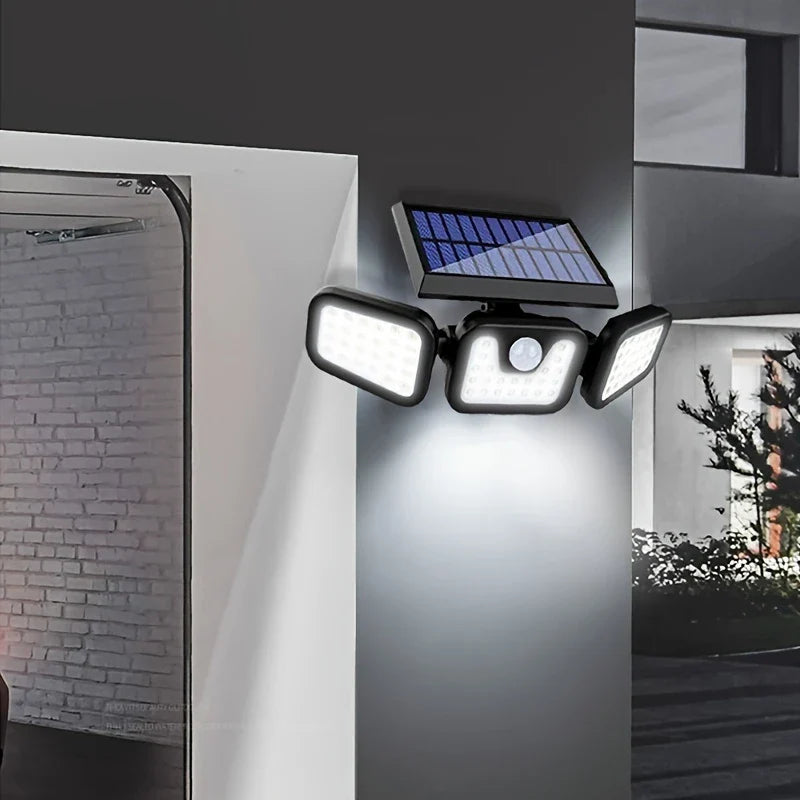 "Solar LED Flutlicht mit 3-Strahler, wetterfest, mit Bewegungsmelder, ideal für Garten, Hof und Garage, energiesparend"
