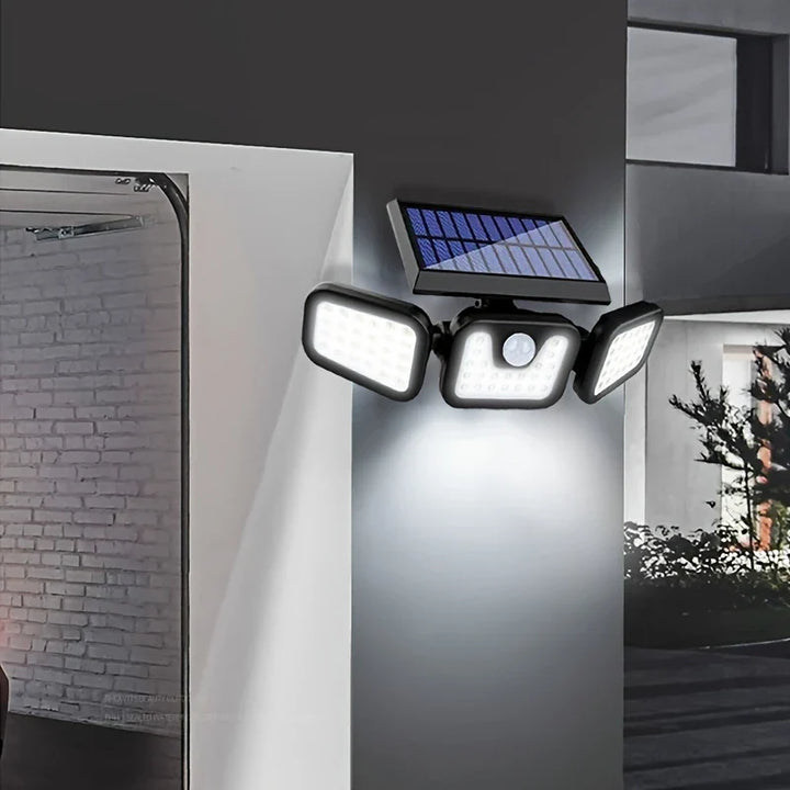 "Solar LED Flutlicht mit 3-Strahler, wetterfest, mit Bewegungsmelder, ideal für Garten, Hof und Garage, energiesparend"