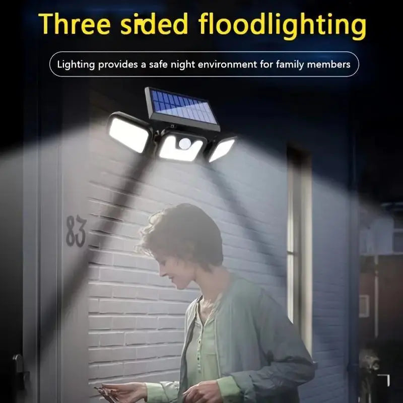 "Solar LED Flutlicht mit 3-Strahler, wetterfest, mit Bewegungsmelder, ideal für Garten, Hof und Garage, energiesparend"