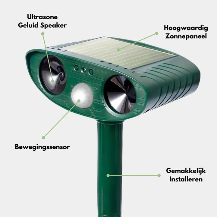 "Solar Tiervertreiber mit LED-Blitz, wetterfest, nutzt Ultraschall zur effektiven Tierabwehr im Garten ohne Tierverletzung."