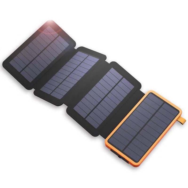 Solarbetriebene Powerbank 25000mAh mit vier Solarpanels, LEDs, robustem Design für Outdoor-Abenteuer und schnellem Laden.