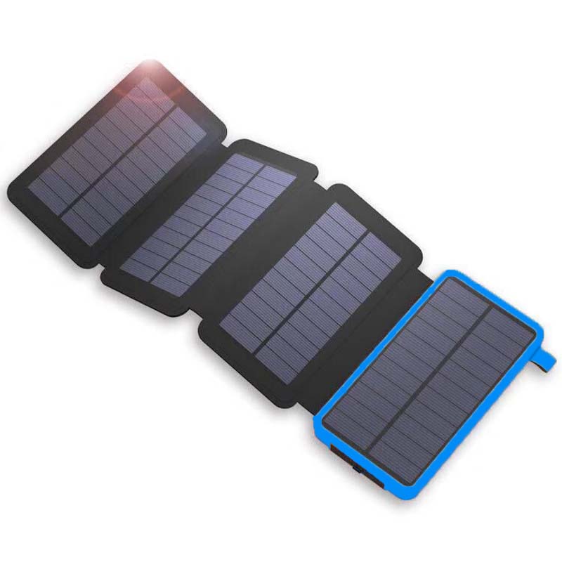 Solarbetriebene Powerbank 25000mAh mit vier Solarpanels, LEDs, robustem Design für Outdoor-Abenteuer und schnellem Laden.