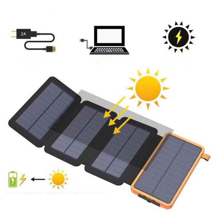 Solarbetriebene Powerbank 25000mAh mit vier Solarpanels, LEDs, robustem Design für Outdoor-Abenteuer und schnellem Laden.