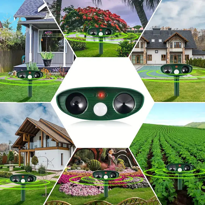 Solarbetriebener Katzenvertreiber mit Solarpanel, wetterfest, grüne Oberfläche, für tierfreundlichen Gartenschutz.