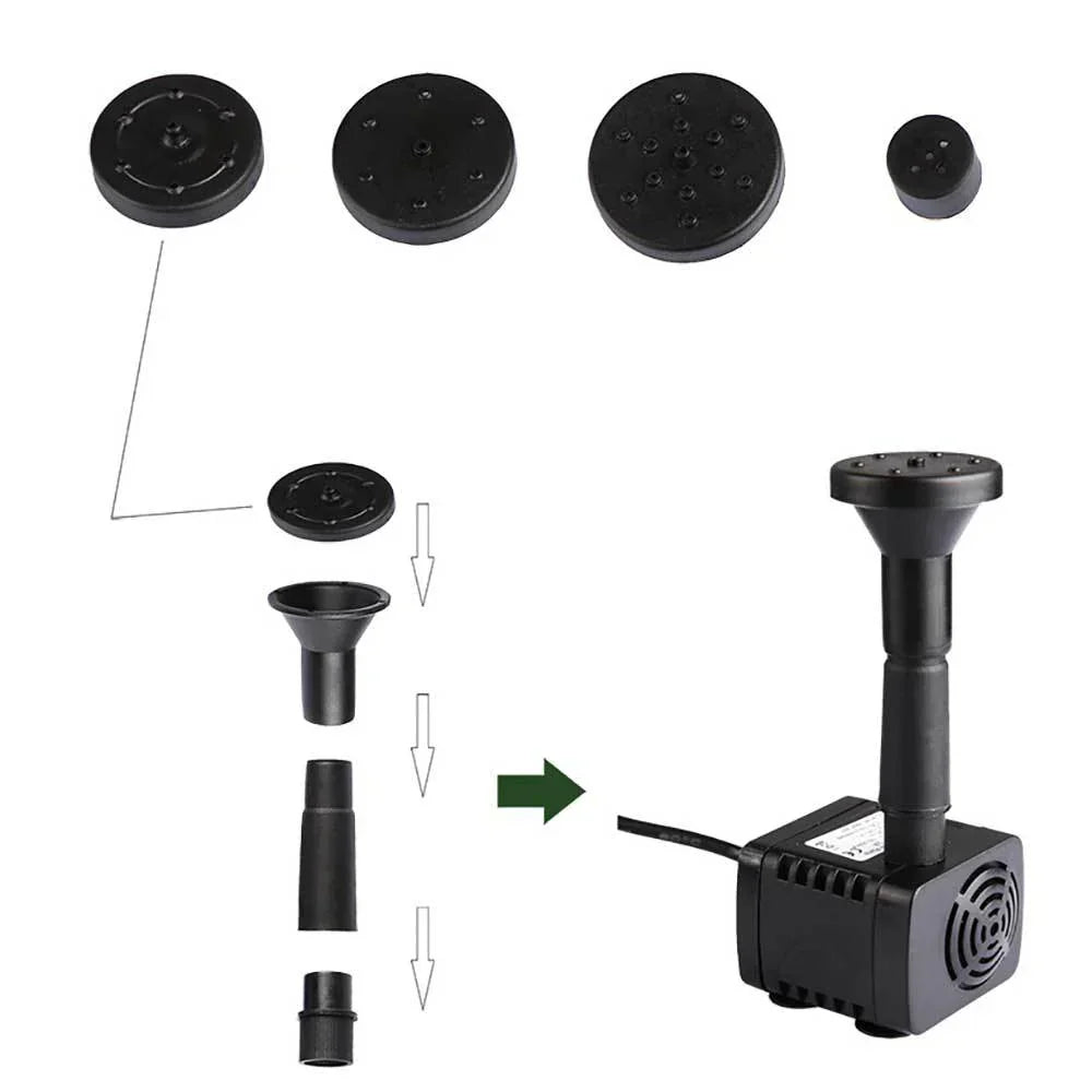 Solarbetriebener Wasserbrunnen im Garten mit verschiedenen Sprühköpfen, solarbetrieben, ideal für Teiche und Vogelbäder.