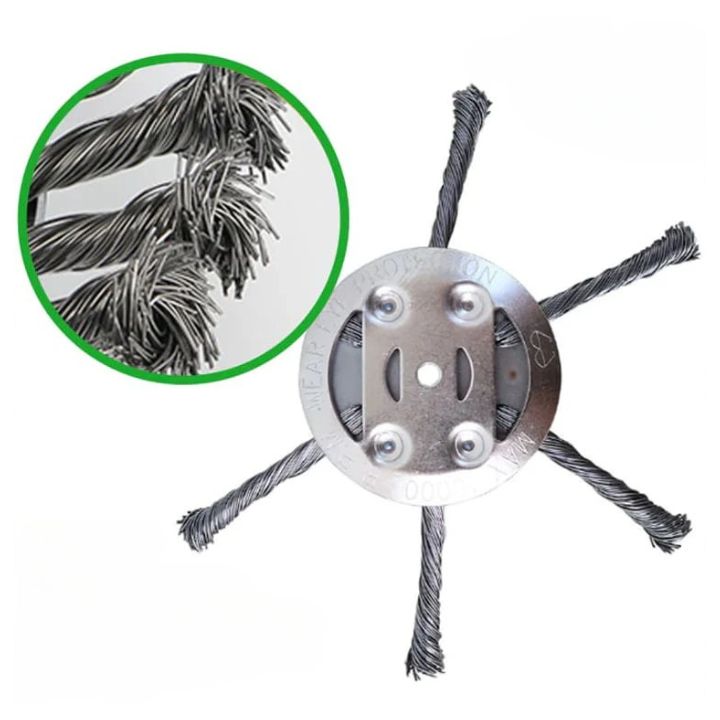 Stahlbürsten-Rasentrimmerkopf mit robusten Borsten zur effizienten Unkrautentfernung, kompatibel mit gängigen Trimmern.