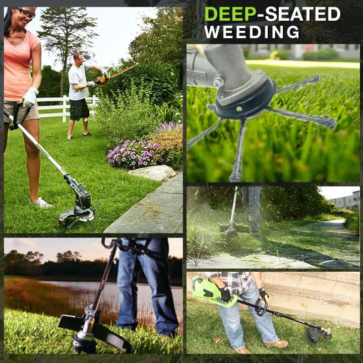 Stahlbürsten-Rasentrimmerkopf mit robusten Borsten zur effizienten Unkrautentfernung, kompatibel mit gängigen Trimmern.