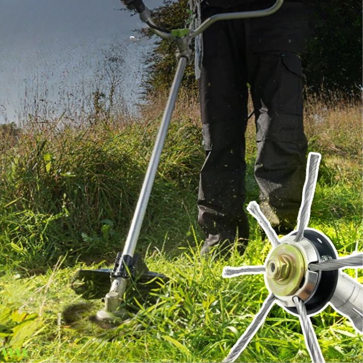 Stahlbürsten-Rasentrimmerkopf mit robusten Borsten zur effizienten Unkrautentfernung, kompatibel mit gängigen Trimmern.