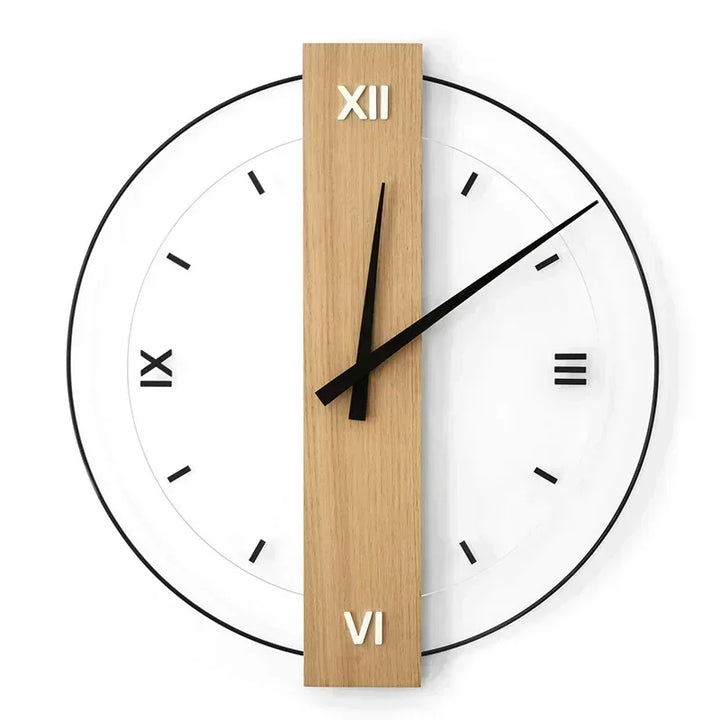 "Stille Wanduhr aus Holz mit weißem Zifferblatt, minimalistisches Design, aus Eichenholz, ideal für stilvolle Räume."