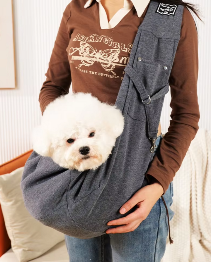 "Stilvolle Hunde-Tragetasche für kleine Haustiere in Grau, ergonomische Schultertasche mit gepolsterten Trägern"