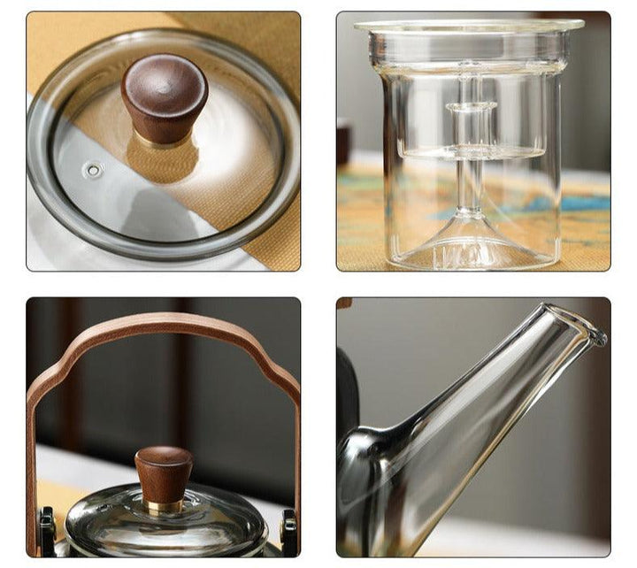 "Stilvolle Teekanne aus Glas und Holz mit elegantem Design und ergonomischem Griff, ideal für Teezeremonien."
