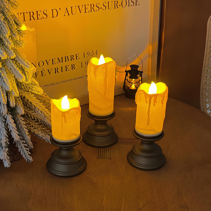 "Stimmungsvolle LED-Kerzen mit realistischem Flammeneffekt in Kürbisform, Holzoptik und klassischem Design, warmweißer Schein