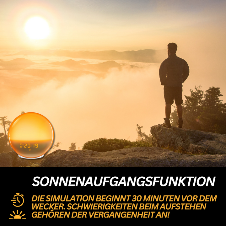 "Stylischer Radiowecker mit Wake-up Light, sanftem Lichtverlauf, LED-Display und Naturklängen für entspannte Morgen"
