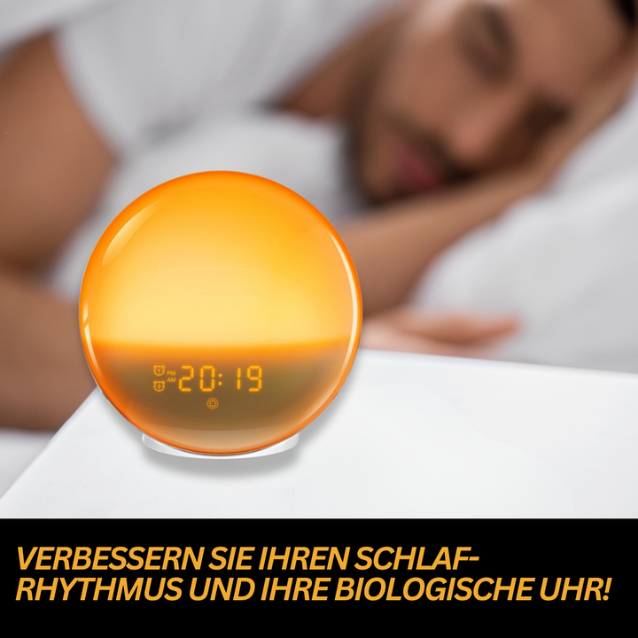 "Stylischer Radiowecker mit Wake-up Light, sanftem Lichtverlauf, LED-Display und Naturklängen für entspannte Morgen"