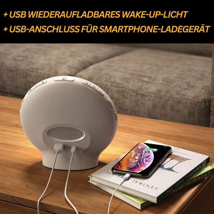 "Stylischer Radiowecker mit Wake-up Light, sanftem Lichtverlauf, LED-Display und Naturklängen für entspannte Morgen"