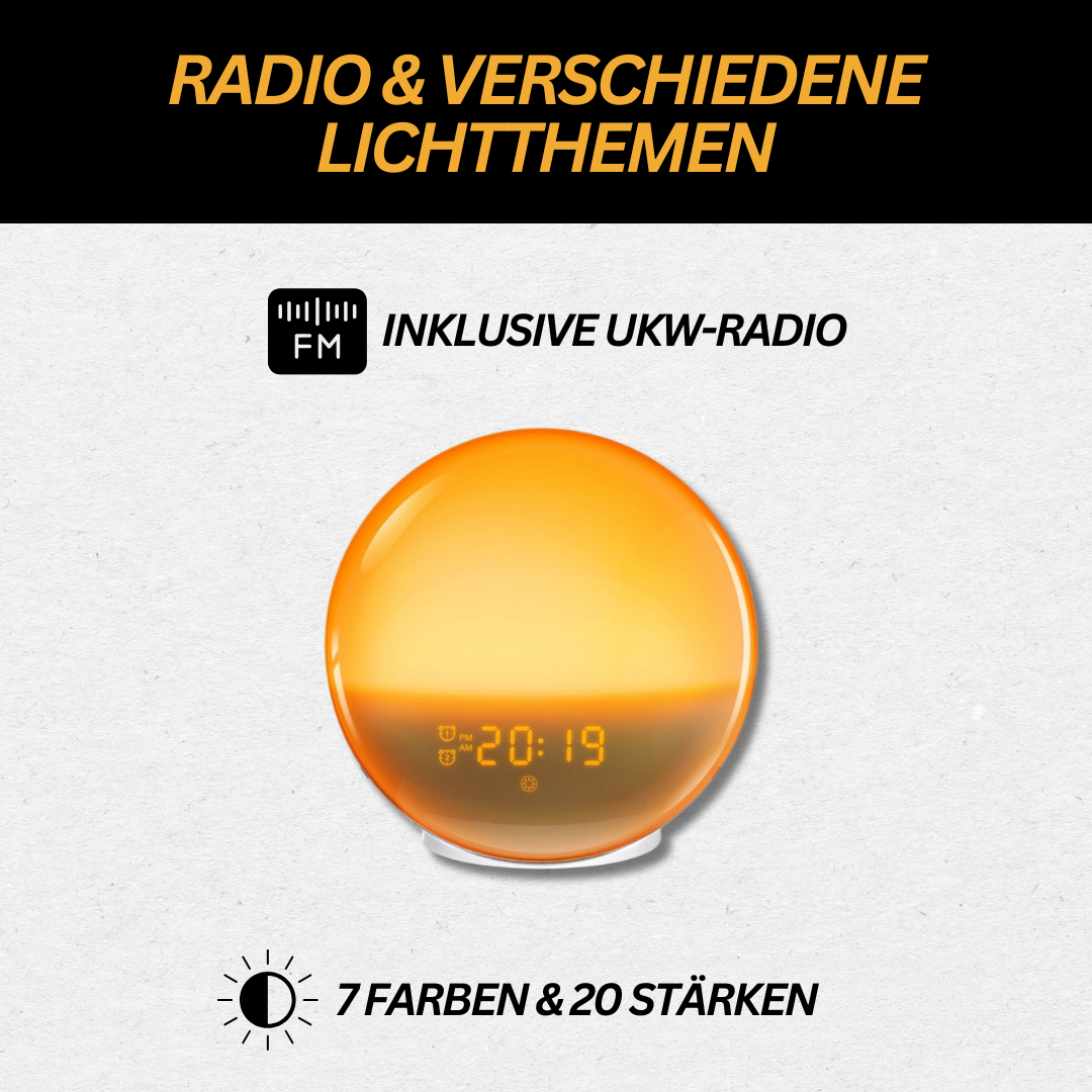 "Stylischer Radiowecker mit Wake-up Light, sanftem Lichtverlauf, LED-Display und Naturklängen für entspannte Morgen"