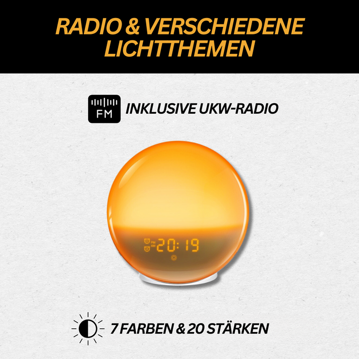 "Stylischer Radiowecker mit Wake-up Light, sanftem Lichtverlauf, LED-Display und Naturklängen für entspannte Morgen"