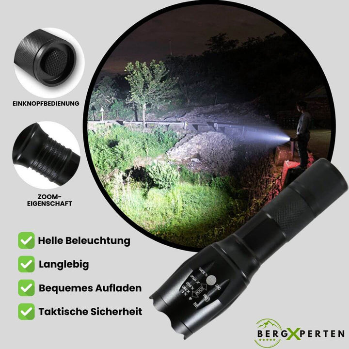 "Taktische LED-Taschenlampe aus Aluminium, robust, wasserfest, 1200 Lumen, rutschfestes Design für Outdoor-Einsätze."