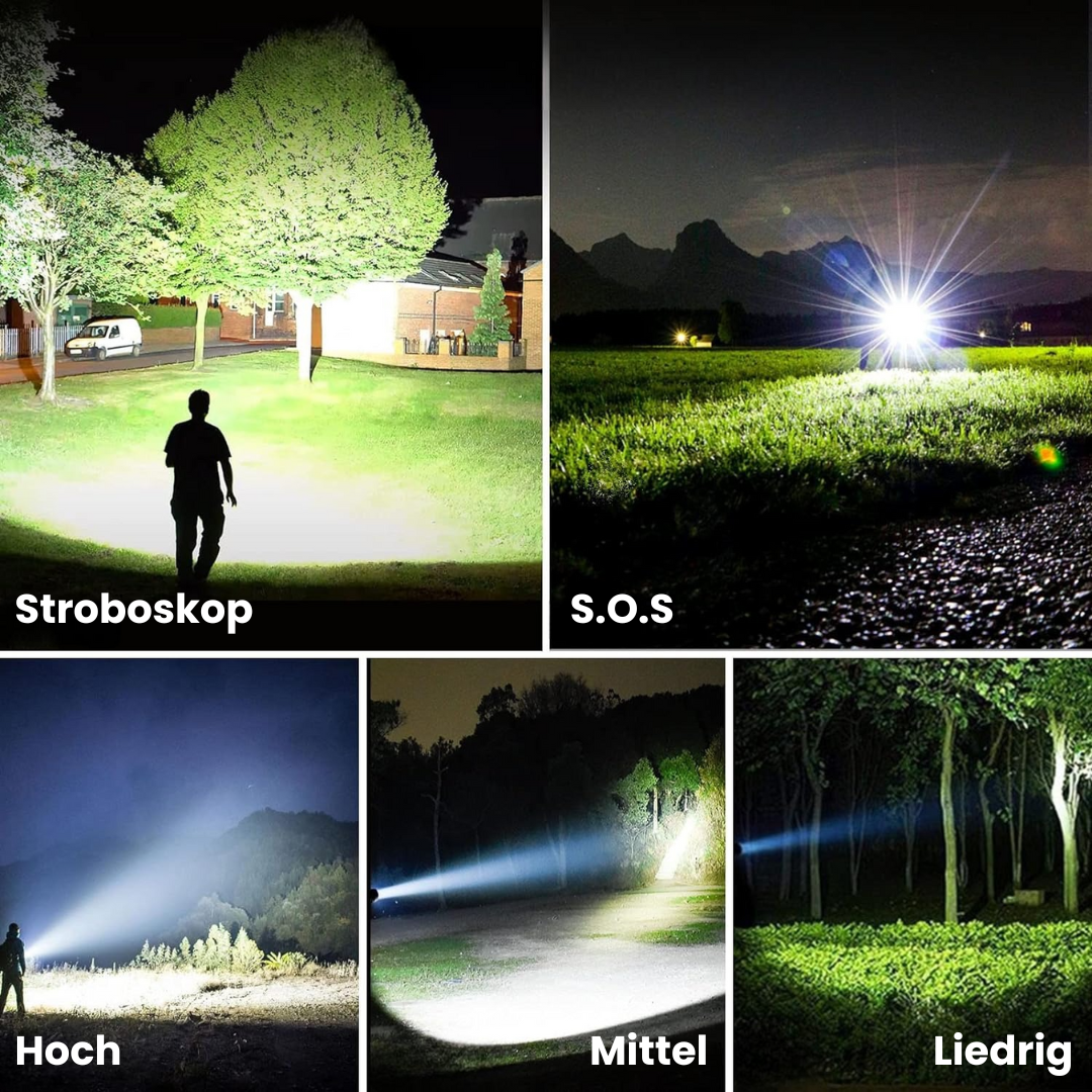 "Taktische LED-Taschenlampe aus Aluminium, robust, wasserfest, 1200 Lumen, rutschfestes Design für Outdoor-Einsätze."
