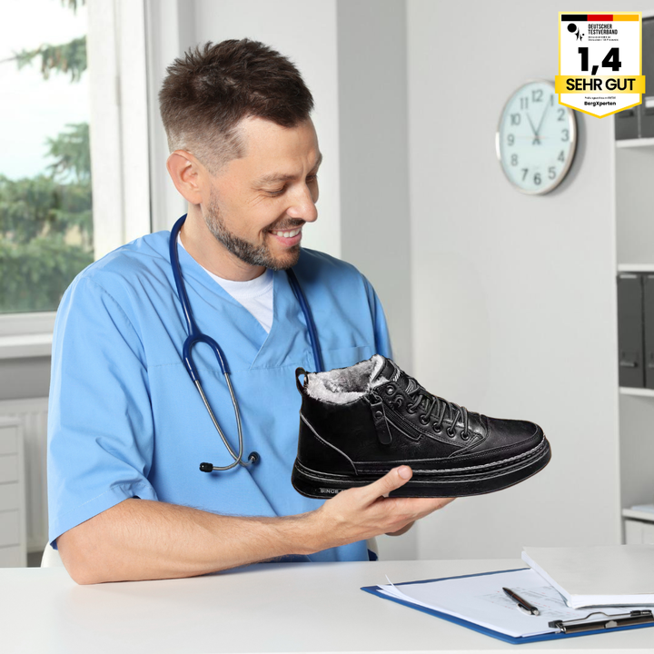 "Thermo-Komfortschuhe mit ergonomischem Design, Kälteschutz bis -20°C, ideal für Camping & Wandern, in Braun und Schwarz."