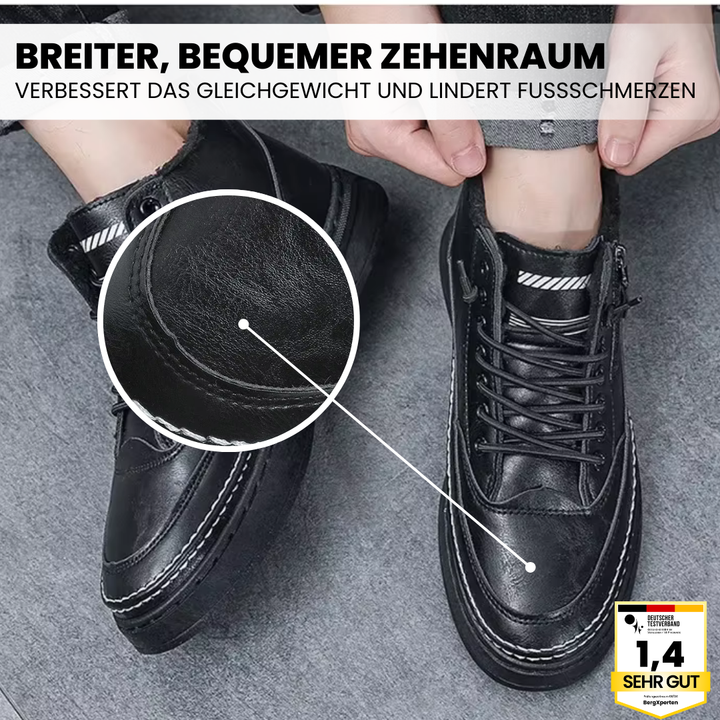 "Thermo-Komfortschuhe mit ergonomischem Design, Kälteschutz bis -20°C, ideal für Camping & Wandern, in Braun und Schwarz."