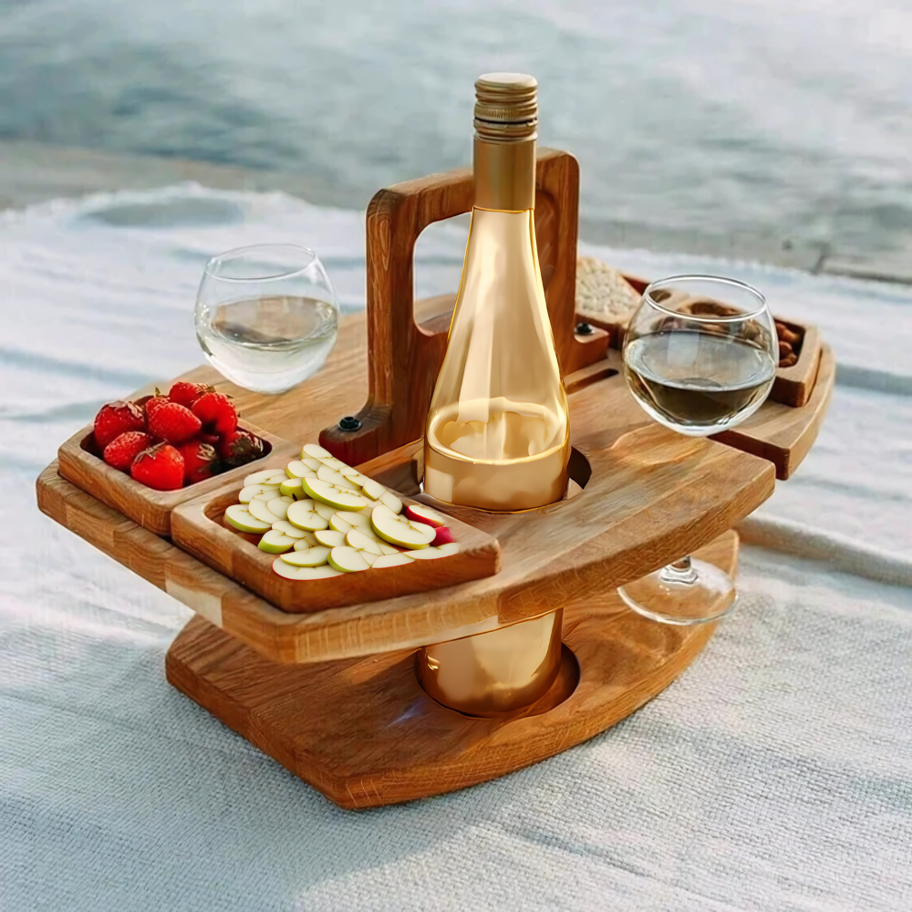 "Tragbarer Holz-Weintisch fürs Picknick, klappbares Design mit Snackfächern und Glas-Halterungen, hochwertiges Holz"