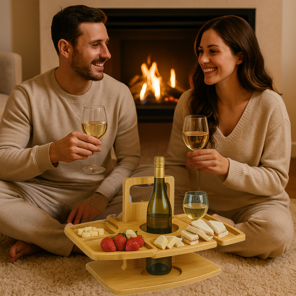 "Tragbarer Holz-Weintisch fürs Picknick, klappbares Design mit Snackfächern und Glas-Halterungen, hochwertiges Holz"