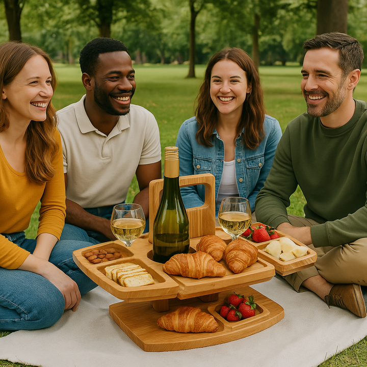 "Tragbarer Holz-Weintisch fürs Picknick, klappbares Design mit Snackfächern und Glas-Halterungen, hochwertiges Holz"