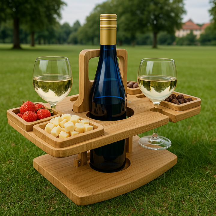 "Tragbarer Holz-Weintisch fürs Picknick, klappbares Design mit Snackfächern und Glas-Halterungen, hochwertiges Holz"