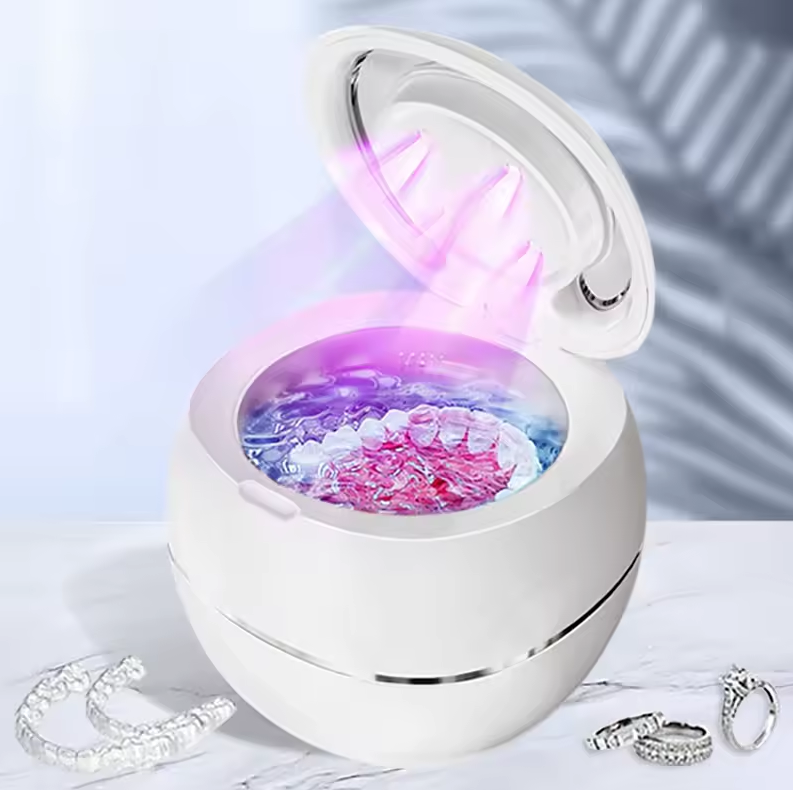 "Tragbarer Ultraschallreiniger für Zahnersatz, modern, kabellos, einfach, mobil, gründliche Reinigung in 5 Minuten"