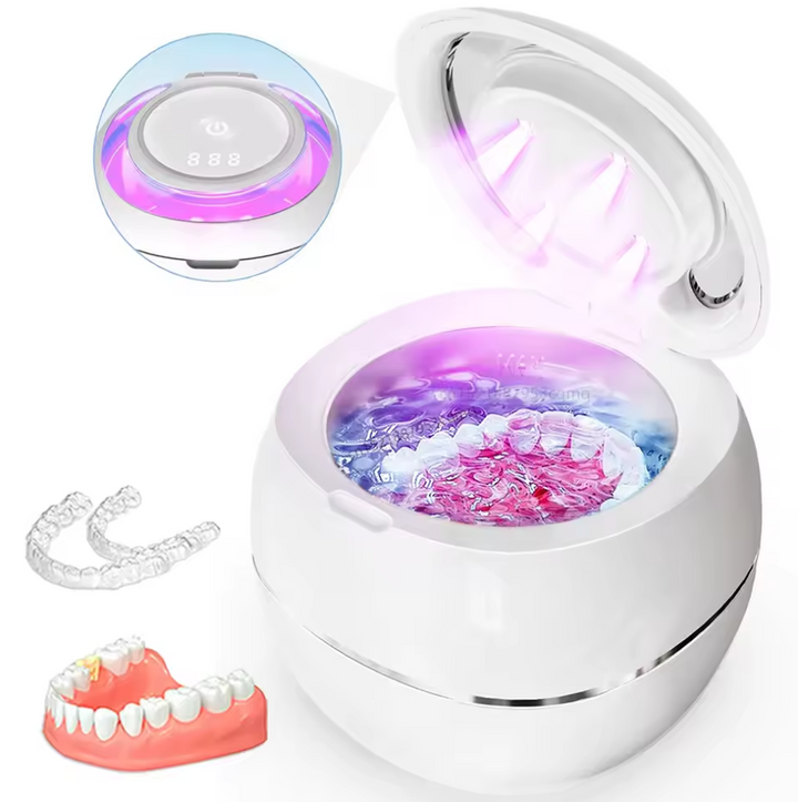 "Tragbarer Ultraschallreiniger für Zahnersatz, modern, kabellos, einfach, mobil, gründliche Reinigung in 5 Minuten"