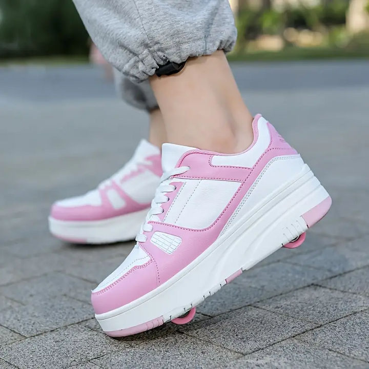"Trendige Rollschuhe für Kinder mit versteckten Rollen, rosa-schwarzes Design, ideal für Outdoor-Abenteuer und Bewegung"