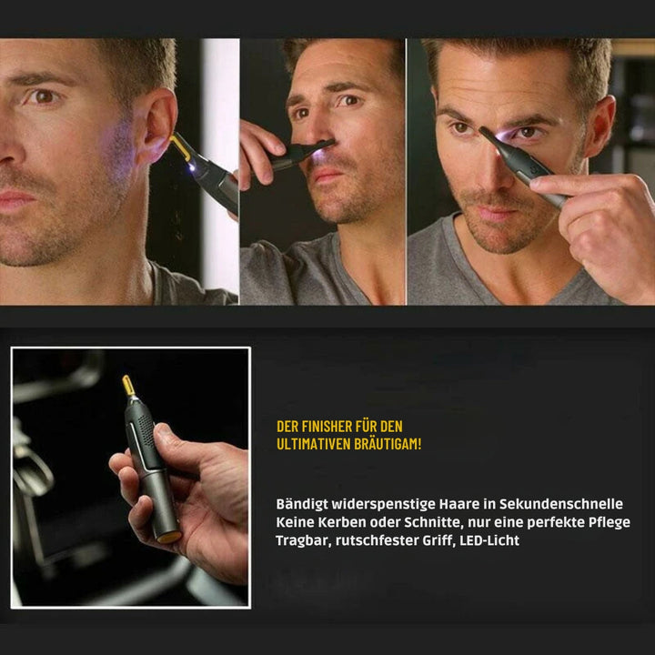"Ultradünner Präzisionstrimmer mit LED, perfekt für präzises Bart- und Augenbrauentrimmen, kabellos und ergonomisch."