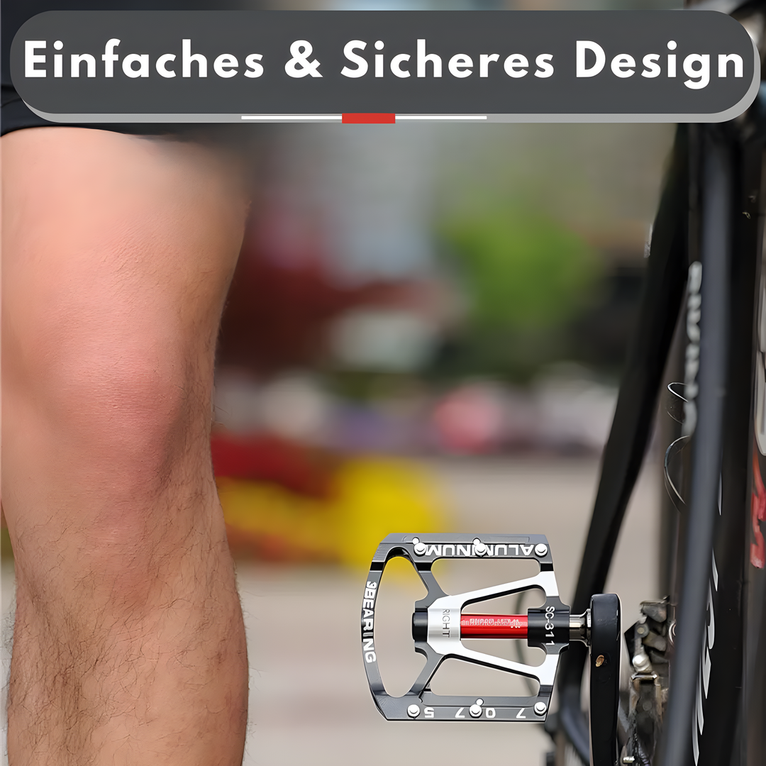 "Ultraleichte Fahrradpedale in Schwarz-Rot aus Aluminium, Vorderseite, mit maximalem Grip und rutschfesten Pins"