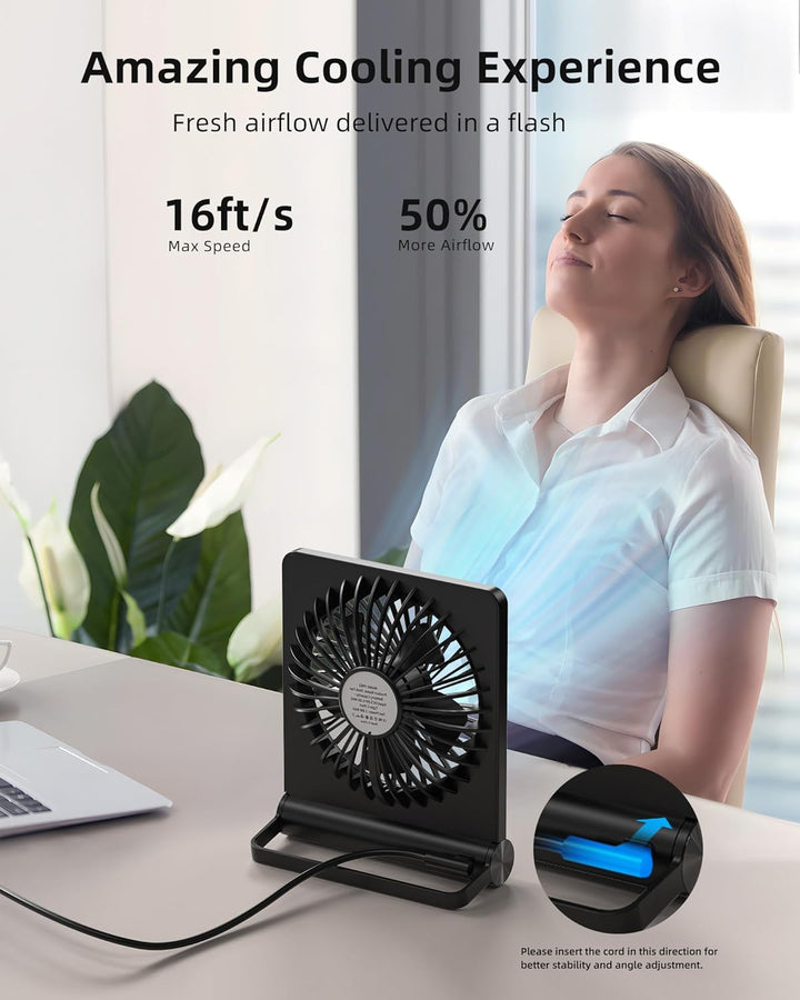 "Ultraleiser, kompakter Tischventilator, minimalistisches Design, perfekt für kleine Räume, geräuschlos unter 30 dB."