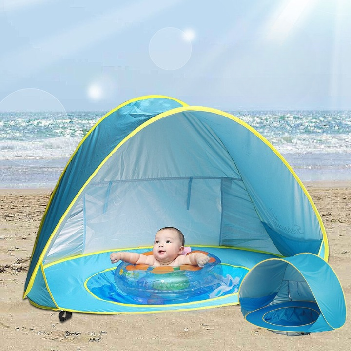 "UV-Schutz-Strandzelt mit integriertem Baby-Planschbecken, blaues Zelt, bietet Sonnenschutz und sicheren Spielspaß"