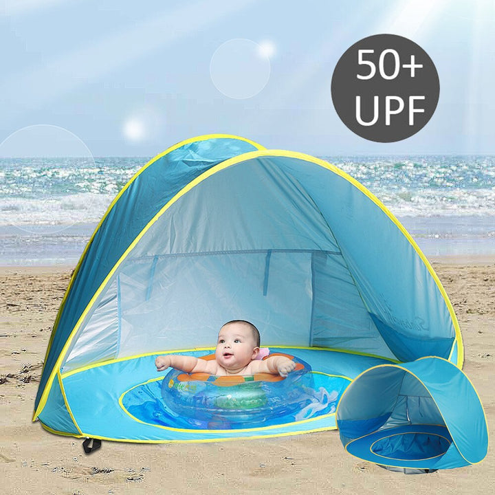 "UV-Schutz-Strandzelt mit integriertem Baby-Planschbecken, blaues Zelt, bietet Sonnenschutz und sicheren Spielspaß"