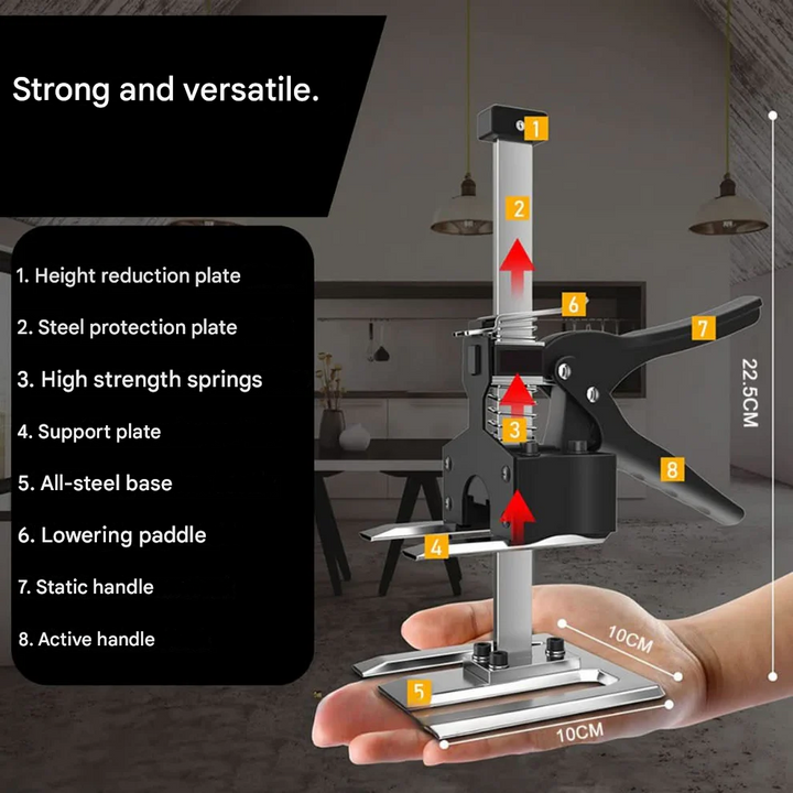 "Verstellbare Hebehilfe aus Stahl, ergonomisch, belastbar bis 150 kg, ideal für Bauprojekte, in elegantem Schwarz."