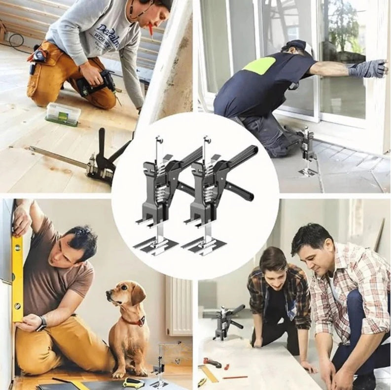 "Verstellbare Hebehilfe aus Stahl, ergonomisch, belastbar bis 150 kg, ideal für Bauprojekte, in elegantem Schwarz."