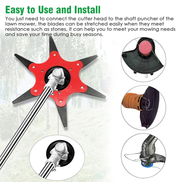 "Vielseitiger Trimmerkopf mit 6 Klingen, schneidet effektiv durch dickes Gras und Unkraut, ideal für Gartenarbeiten"