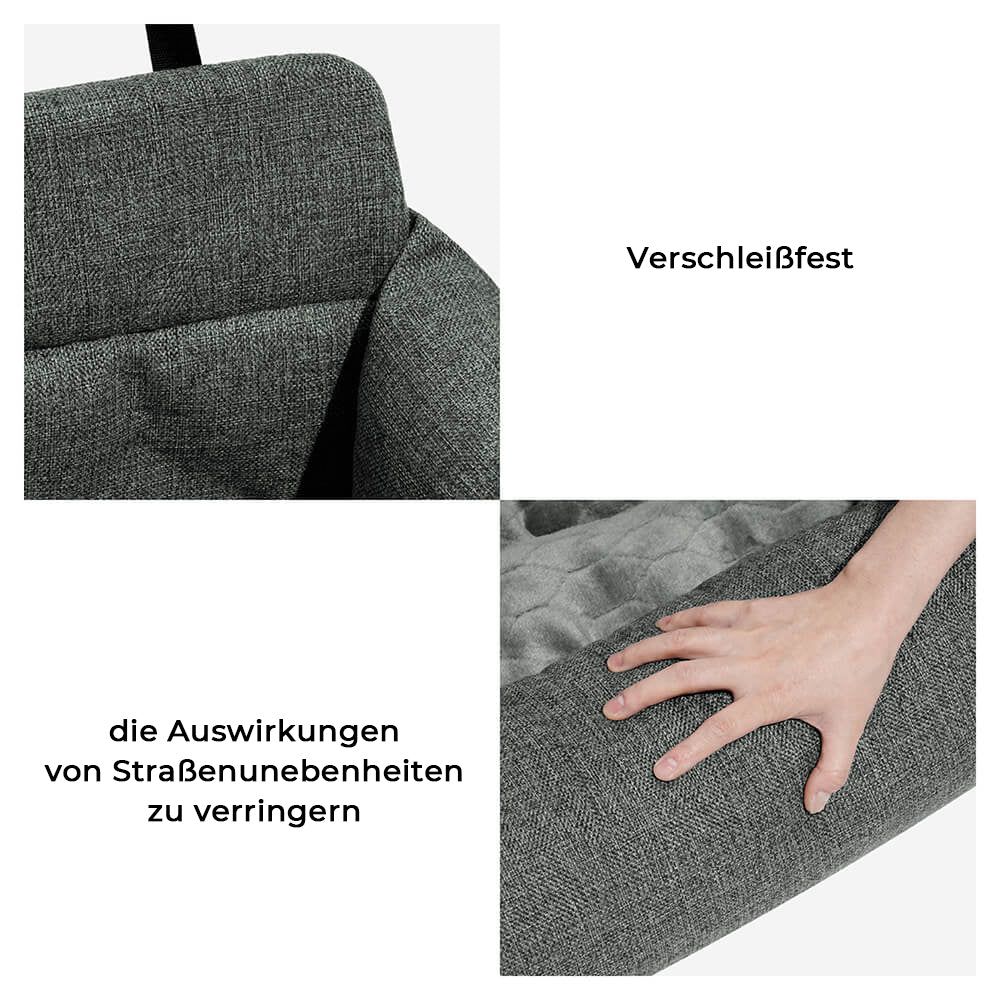 "Waschbarer Hundesitz im Auto, viel Platz, beige Stoff, hoher Rand, doppelte Gurte für Sicherheit und Komfort."