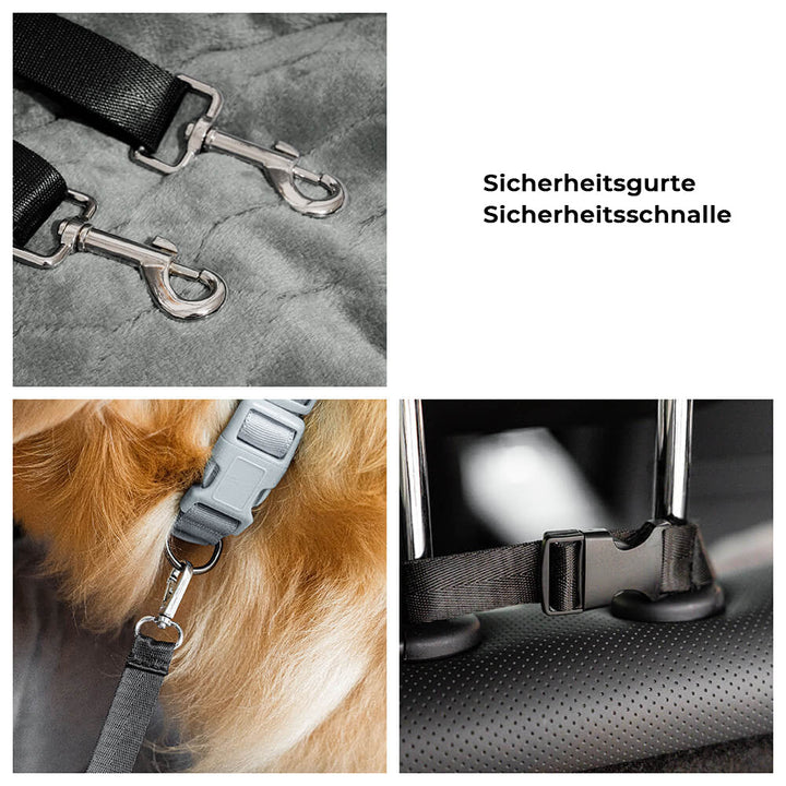 "Waschbarer Hundesitz im Auto, viel Platz, beige Stoff, hoher Rand, doppelte Gurte für Sicherheit und Komfort."